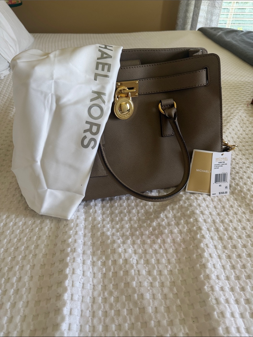 Michael Kors Taupe Saffiano Leather Satchel with Gold Hardware